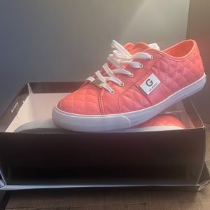 Quilted peach color shoes with white shoe strings